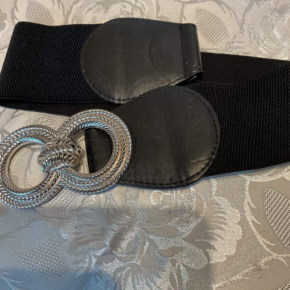 Unbranded Elastic Cinch Belt Womens M Black Excellent Silver Double Ring Buckle - Picture 6 of 7
